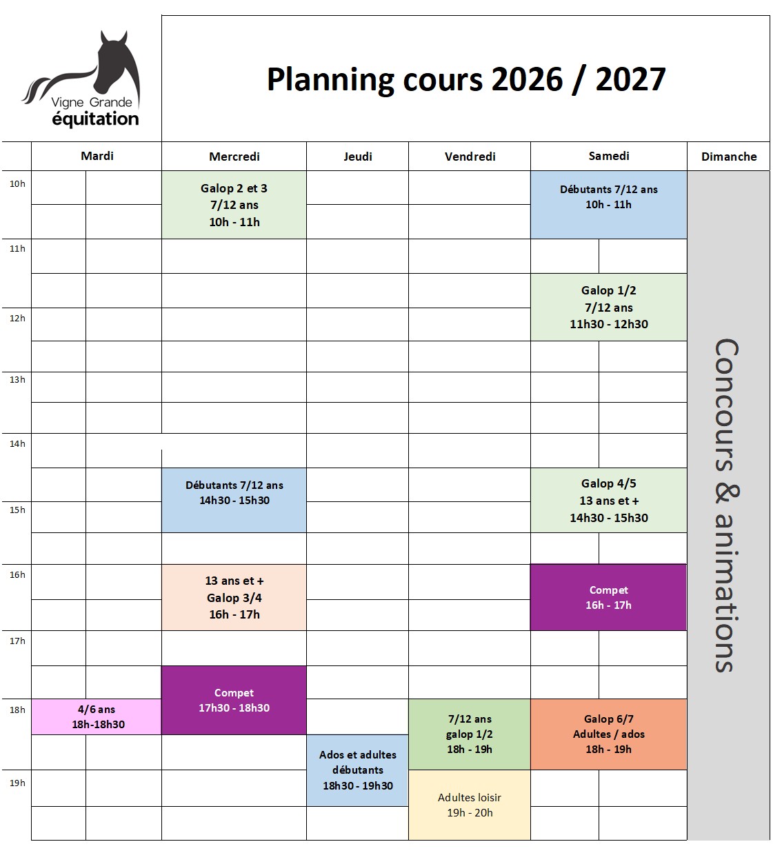 Planning des cours 2026-2027